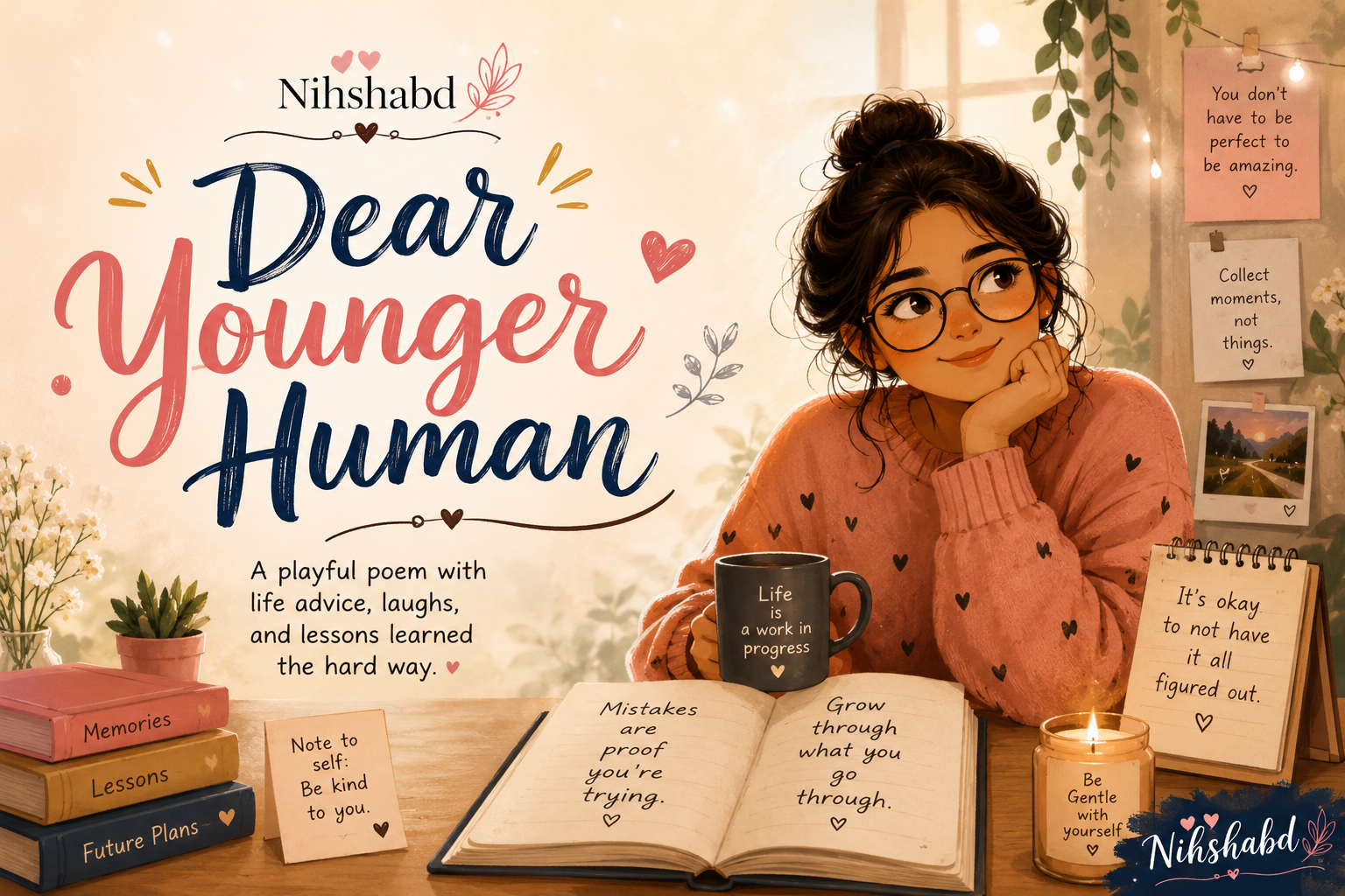 Illustration of an older woman sharing funny life advice with her younger self.