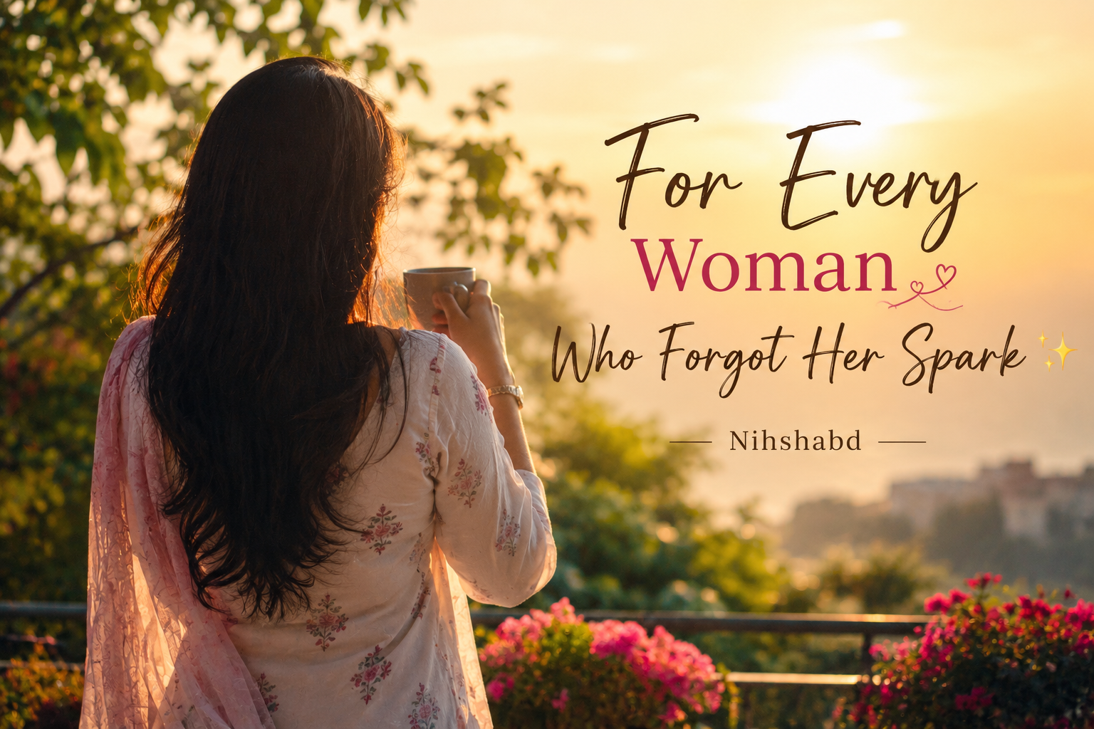 Back view of a young Indian woman standing by the sea at sunset, reflecting on self-discovery, inner strength, and reconnecting with the spark she once thought she had lost.