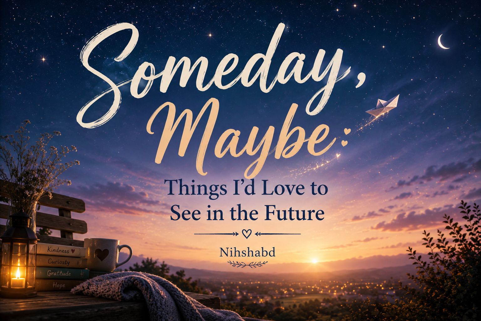 Featured image for “Someday, Maybe: Things I’d Love to See in the Future” showing a paper boat flying across a starry sunset sky above a peaceful landscape, symbolizing hope, dreams, and possibility.