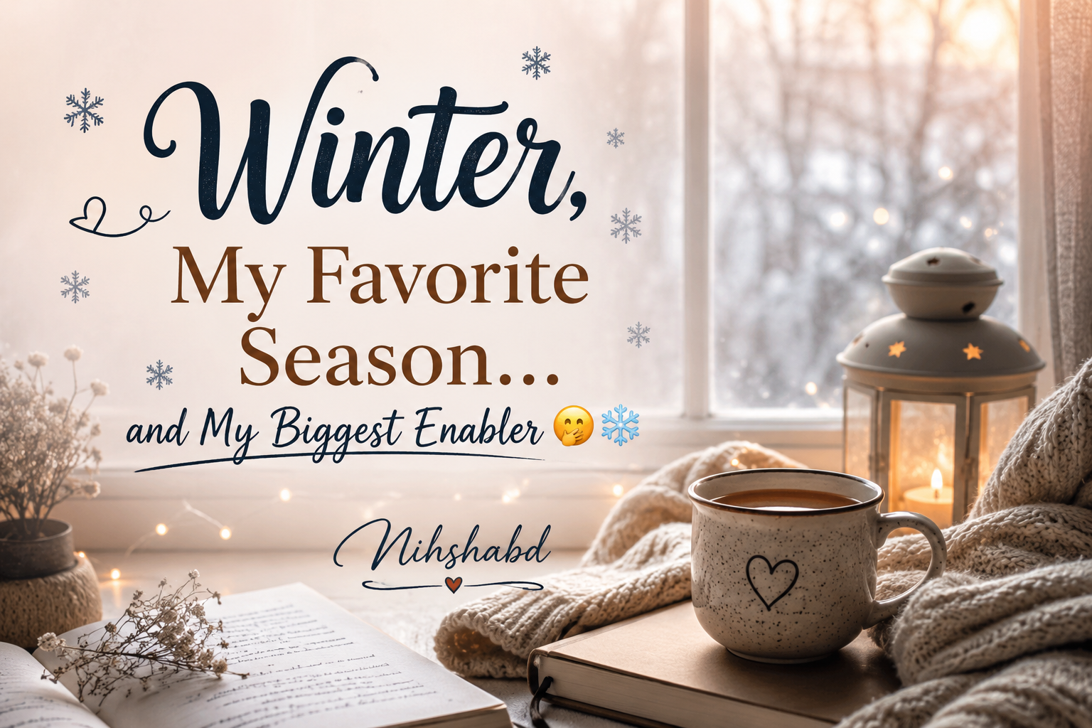Cozy winter scene with a warm cup of tea, soft blanket, books, gentle sunlight, and the title Winter, My Favorite Season… and My Biggest Enabler.