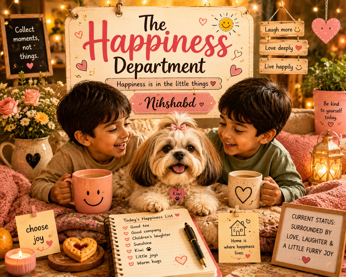 A cozy featured image for The Happiness Department showing two happy children and a Shih Tzu dog named Kiwi surrounded by warm lights, flowers, and uplifting messages celebrating happiness in everyday moments.