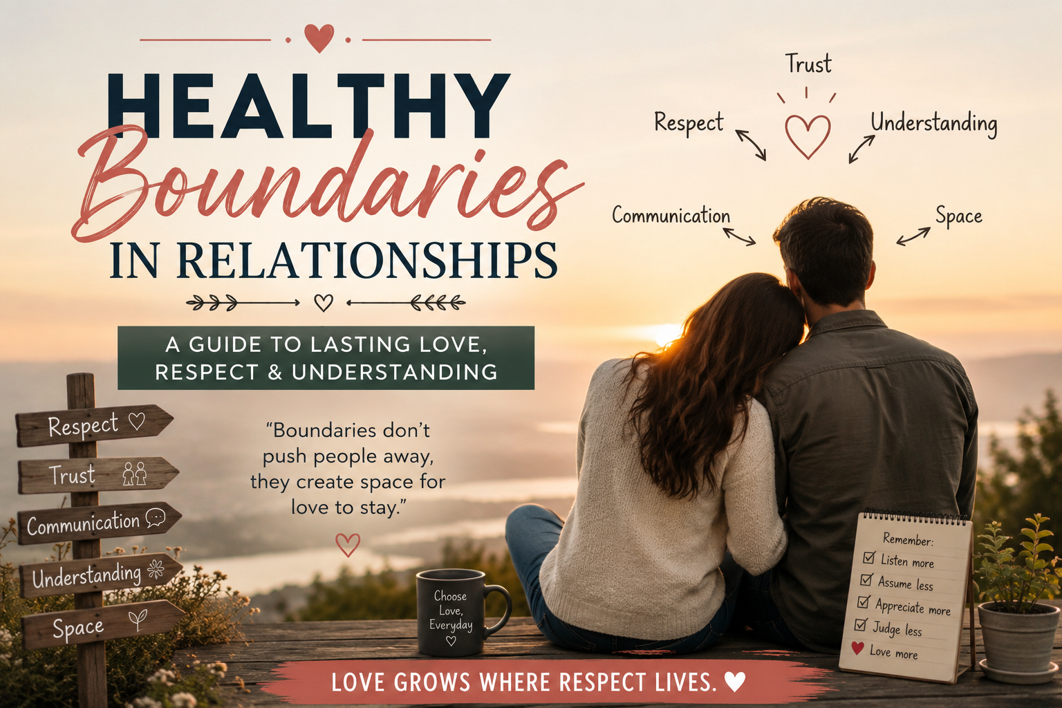 A couple sitting together at sunset, symbolizing healthy boundaries in relationships through trust, respect, communication, understanding, and emotional connection.