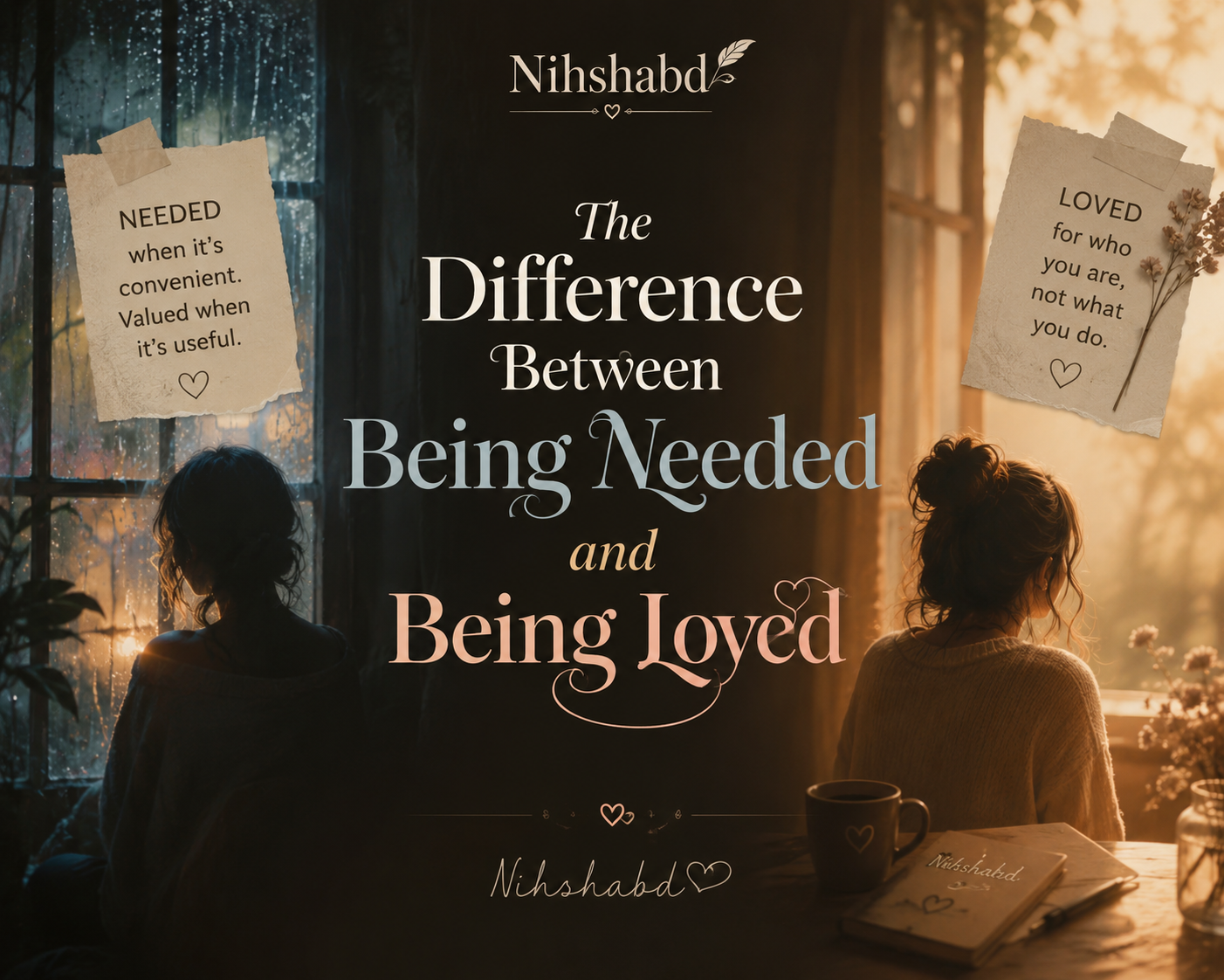 Featured image illustrating the difference between being needed and being loved, showing a woman in solitude contrasted with warmth and genuine emotional connection.