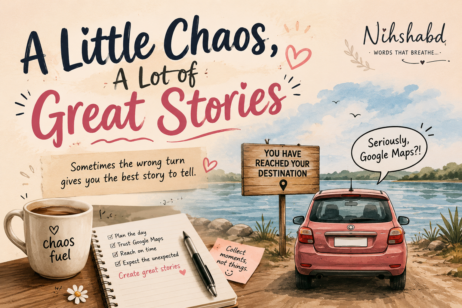 Illustrated featured image showing a car at the edge of a lake after following Google Maps, representing how a little chaos and unexpected moments create life’s best stories.
