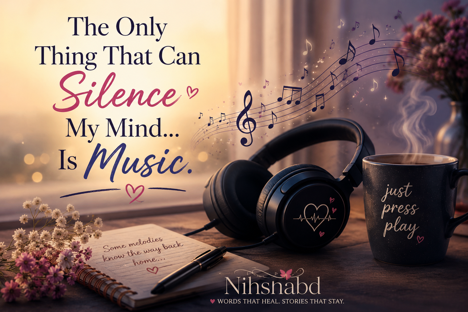 The Only Thing That Can Silence My Mind Is Music – headphones with a peaceful musical theme by Nihshabd.