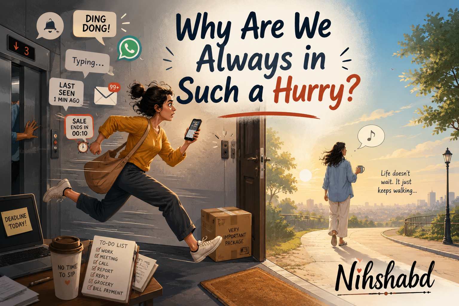 Why are we always in such a hurry illustration of a person rushing between notifications, a ringing doorbell, and everyday life