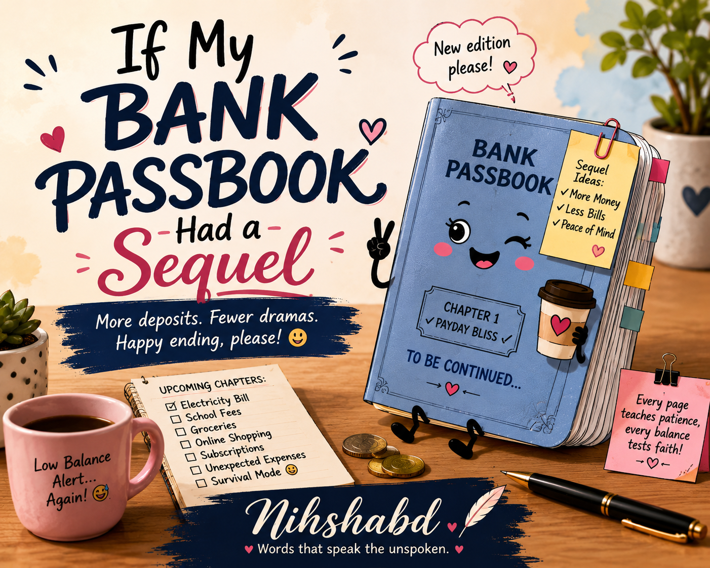 Illustration of a smiling bank passbook imagining a sequel with more deposits, fewer bills, and a happy ending.