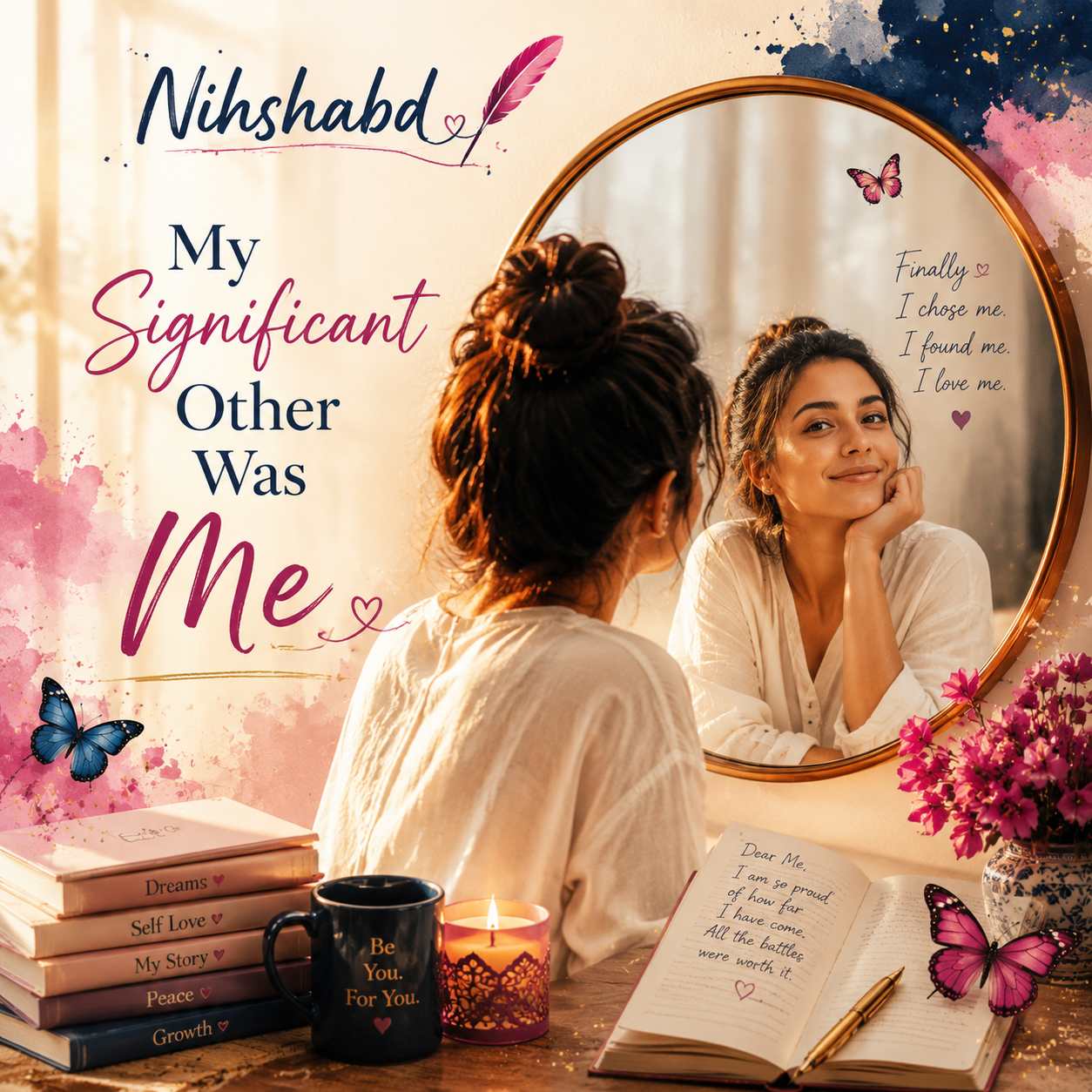 A woman looking at herself in a mirror, representing self discovery and finding herself again