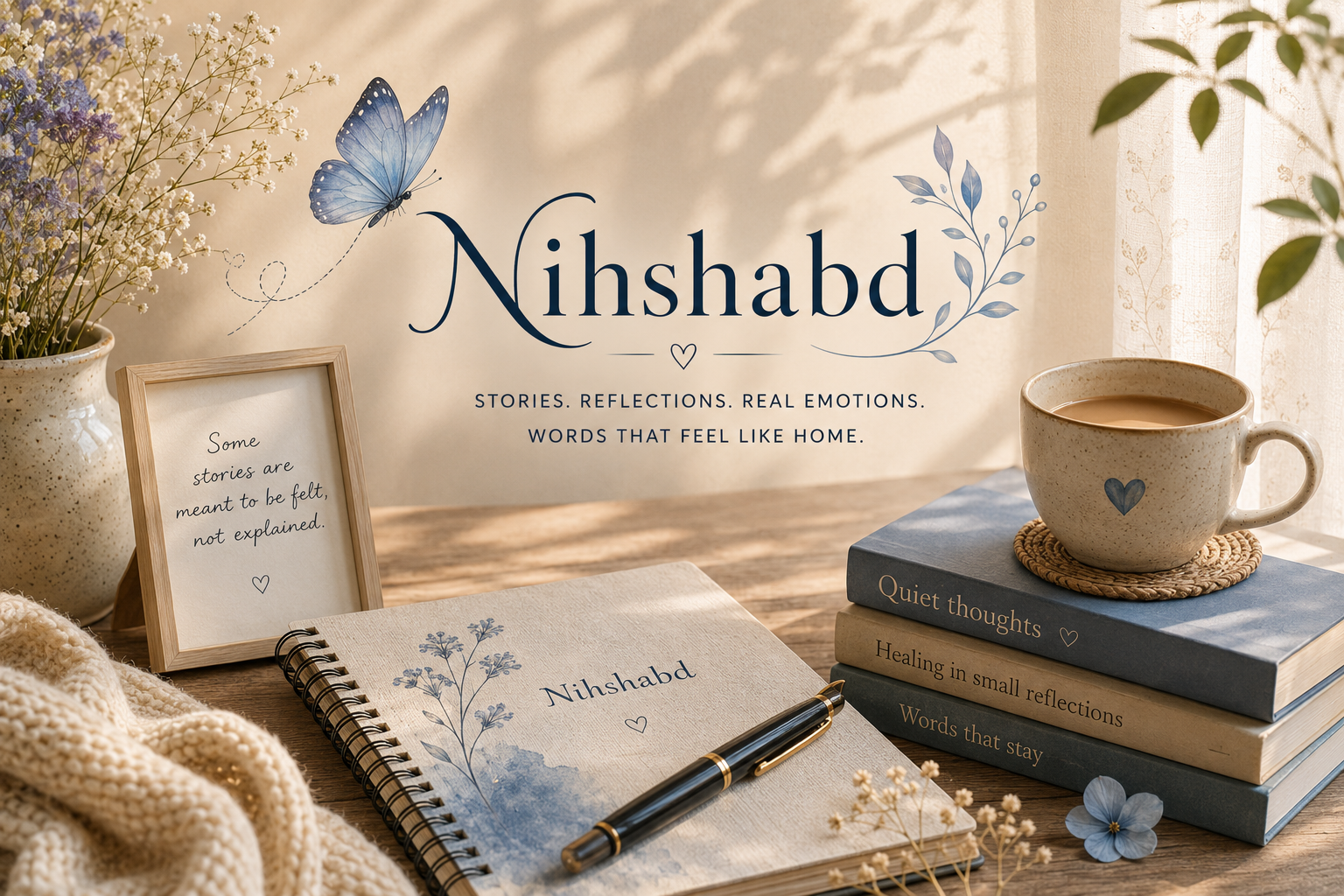Nihshabd blog by Rajeshwari with a butterfly, journal, flowers and tea
