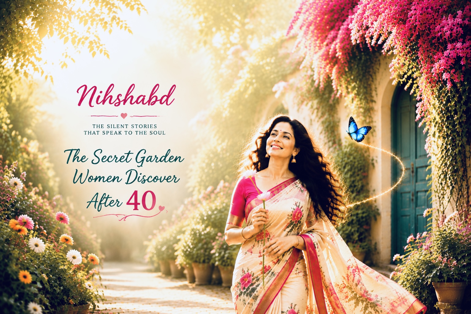 A joyful woman after 40 walking through a blooming garden with a blue butterfly symbolizing transformation and self-discovery