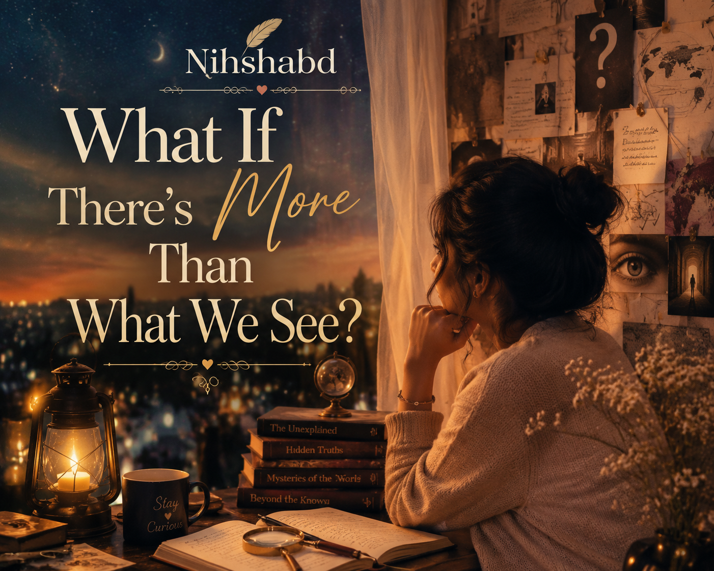 Conspiracy theories and mysteries explored by a woman looking at a starry sky with curiosity and Nihshabd branding