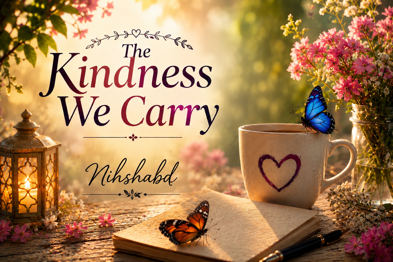 The Kindness We Carry by Nihshabd, featuring a heart-shaped mug, blue butterfly, flowers, and a warm sunset