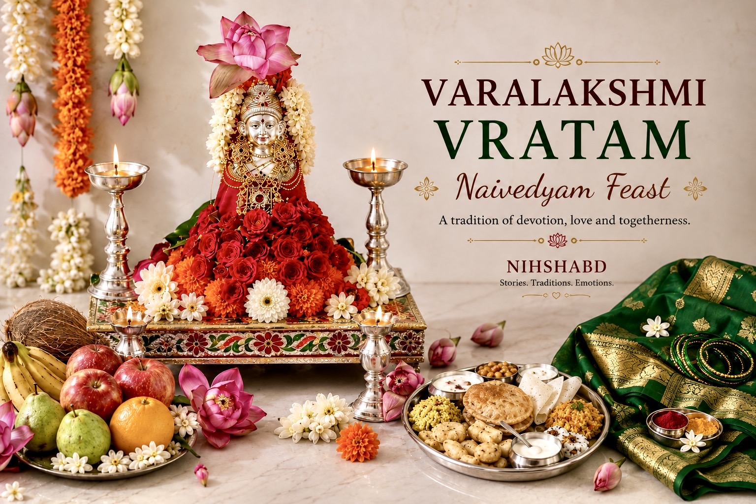 Varalakshmi Vratam with Lakshmi idol, traditional saree, flowers, fruits and Naivedyam feast