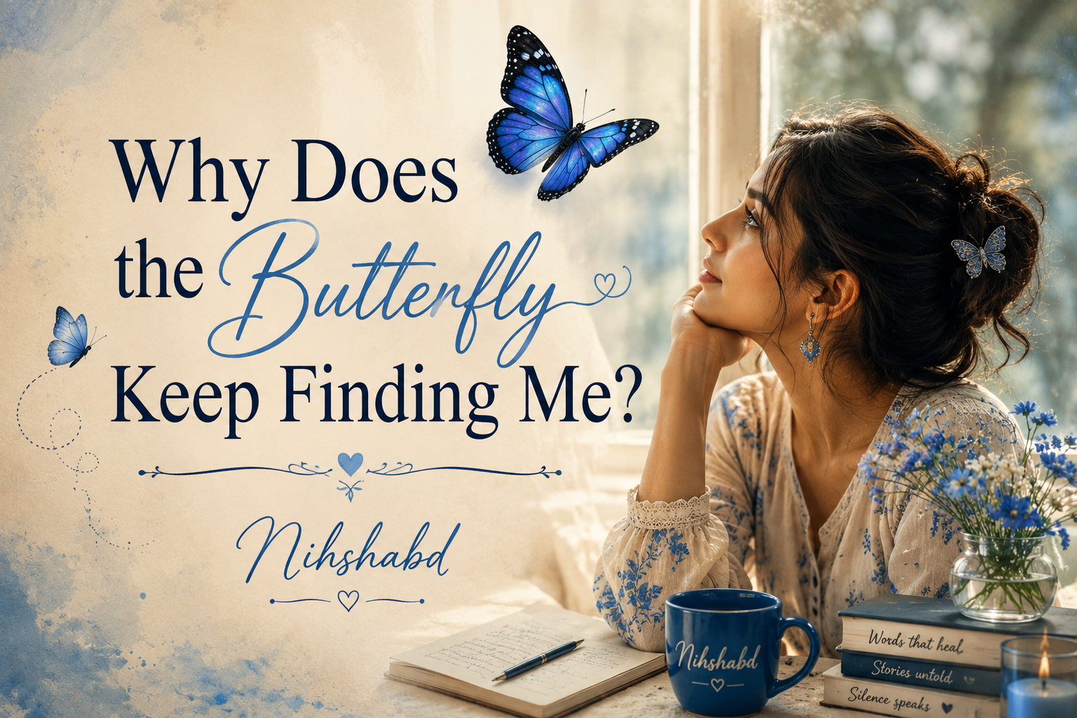 Woman looking at a blue butterfly with “Why Does the Butterfly Keep Finding Me?