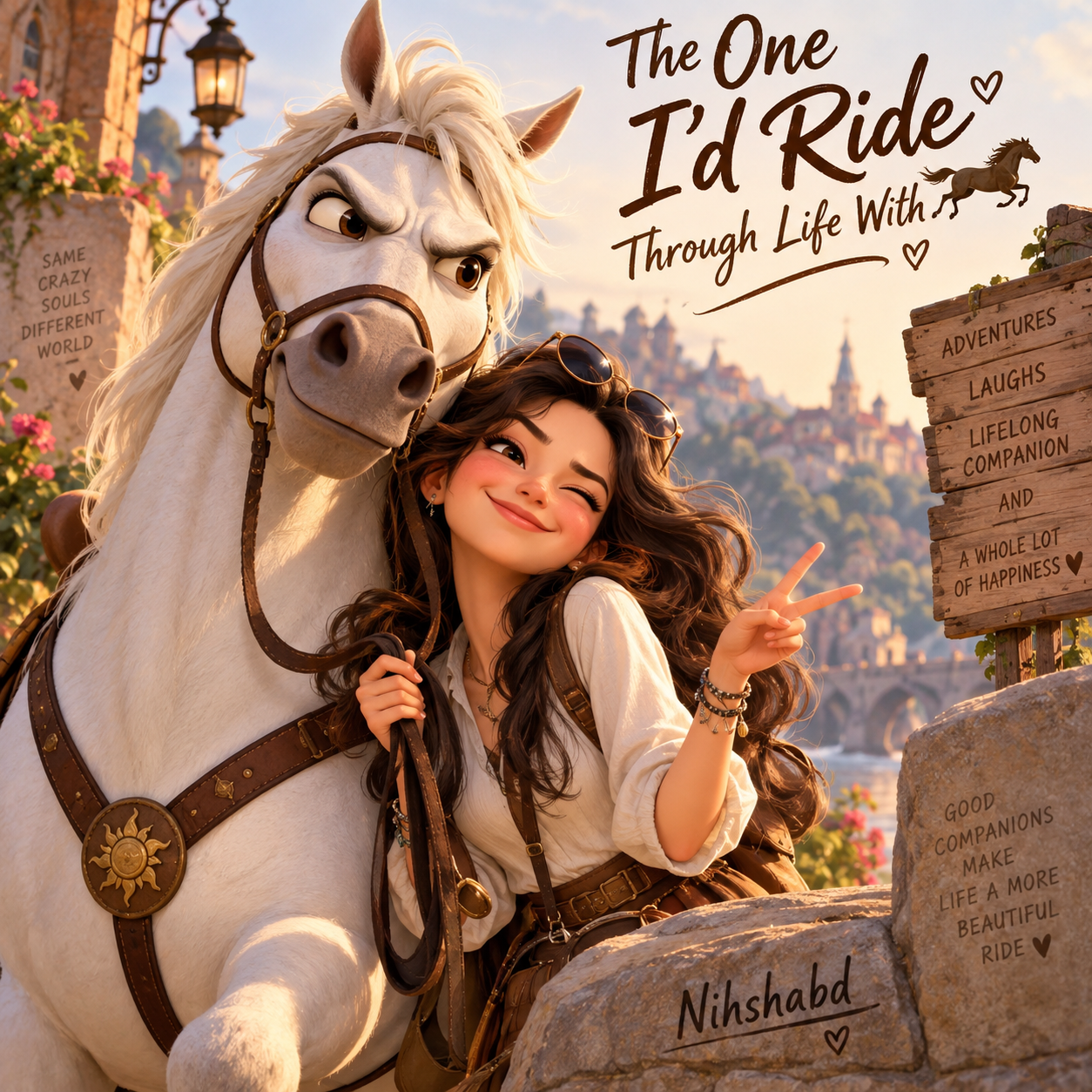 Fictional animal companion inspired by Maximus from Tangled with a woman holding the reins