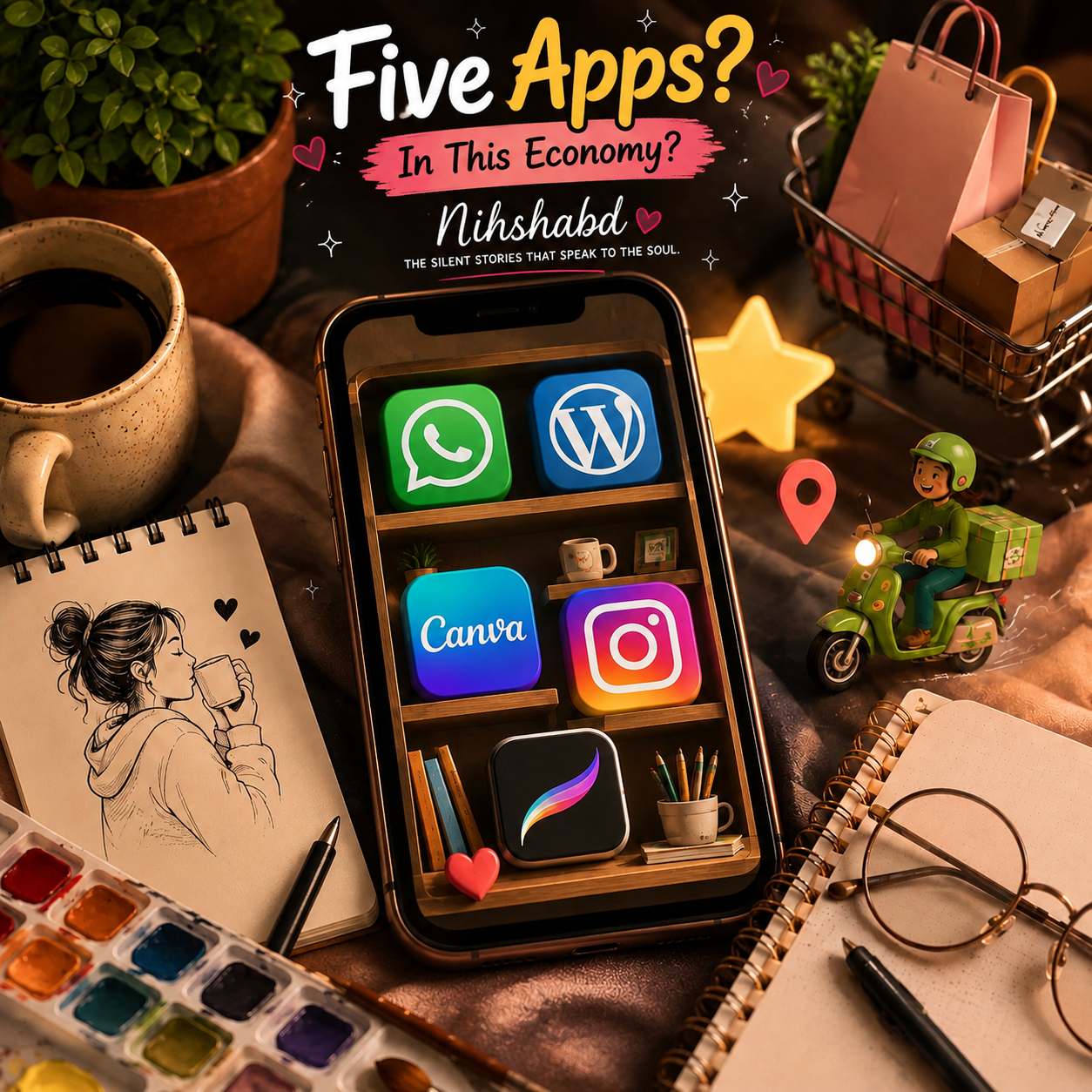 Favorite apps on my phone including WhatsApp, WordPress, Canva, Instagram and Procreate