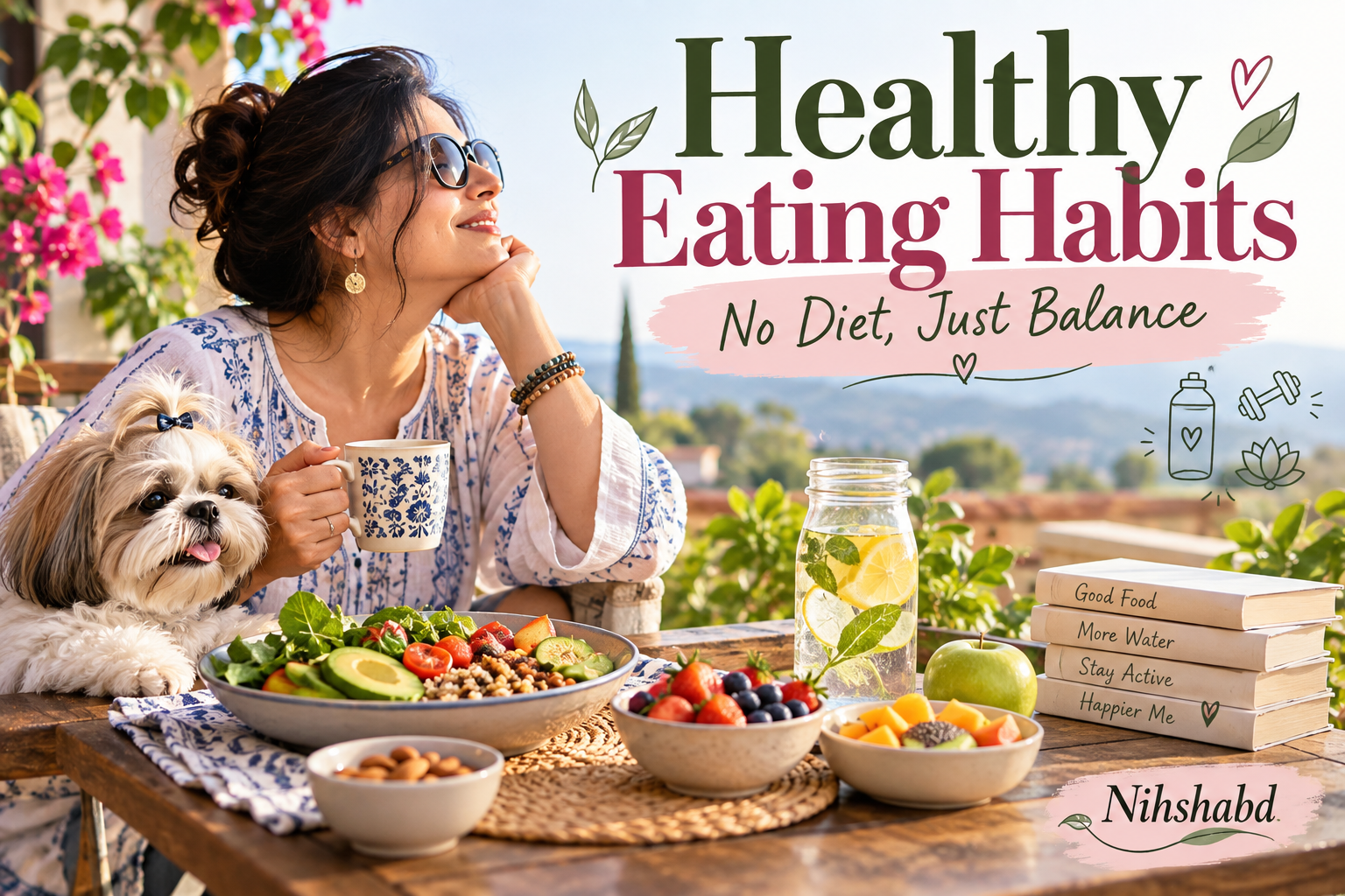 Healthy eating habits with balanced food, hydration and exercise