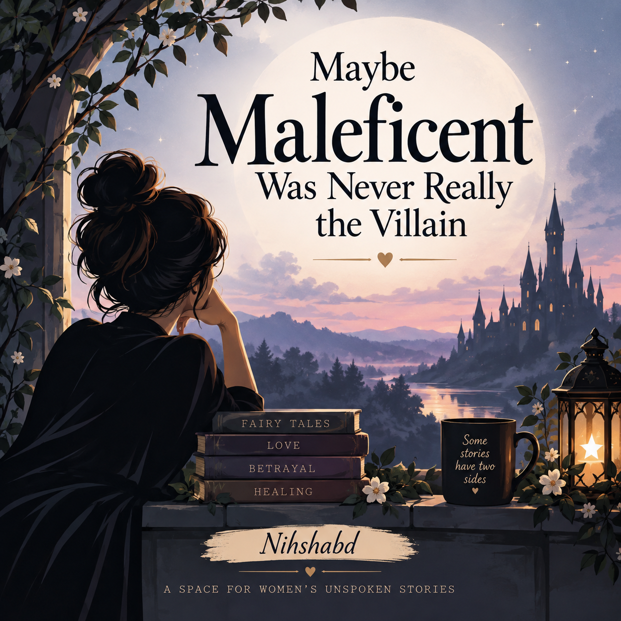 Love and betrayal represented through a magical fantasy scene inspired by Maleficent