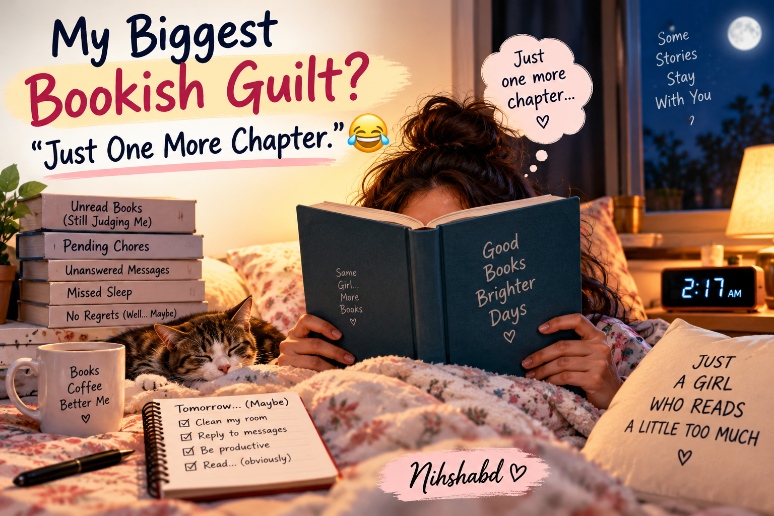 A woman reading a book late at night with bookish guilt