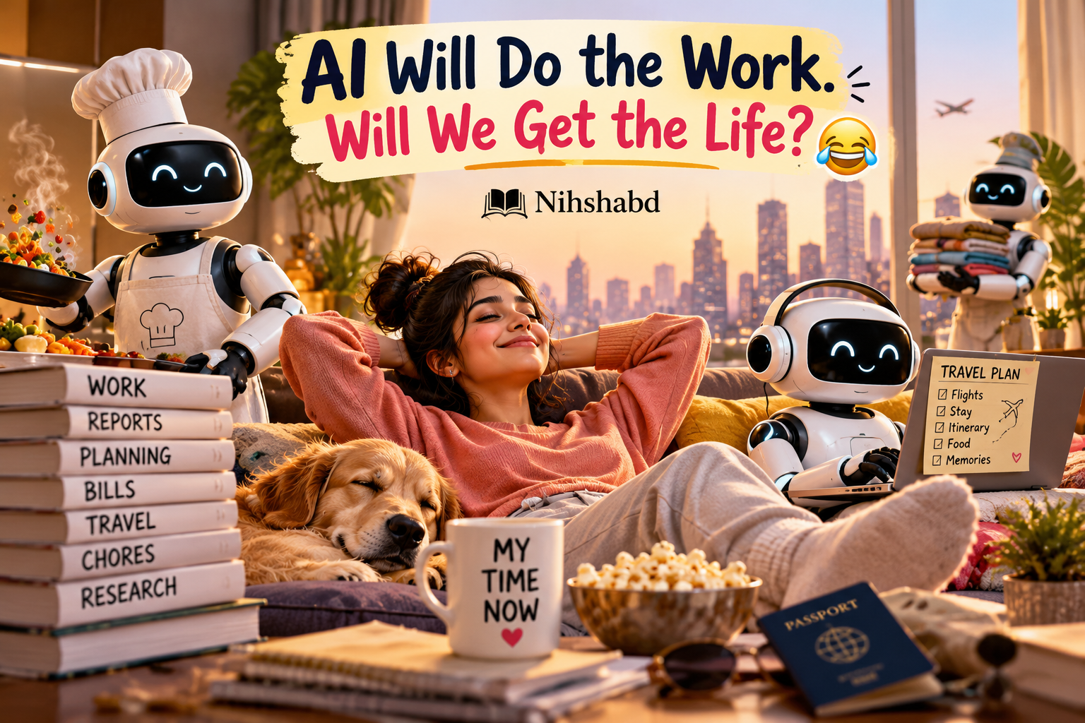 A playful vision of the future of AI, with robots handling work while a woman relaxes at home.