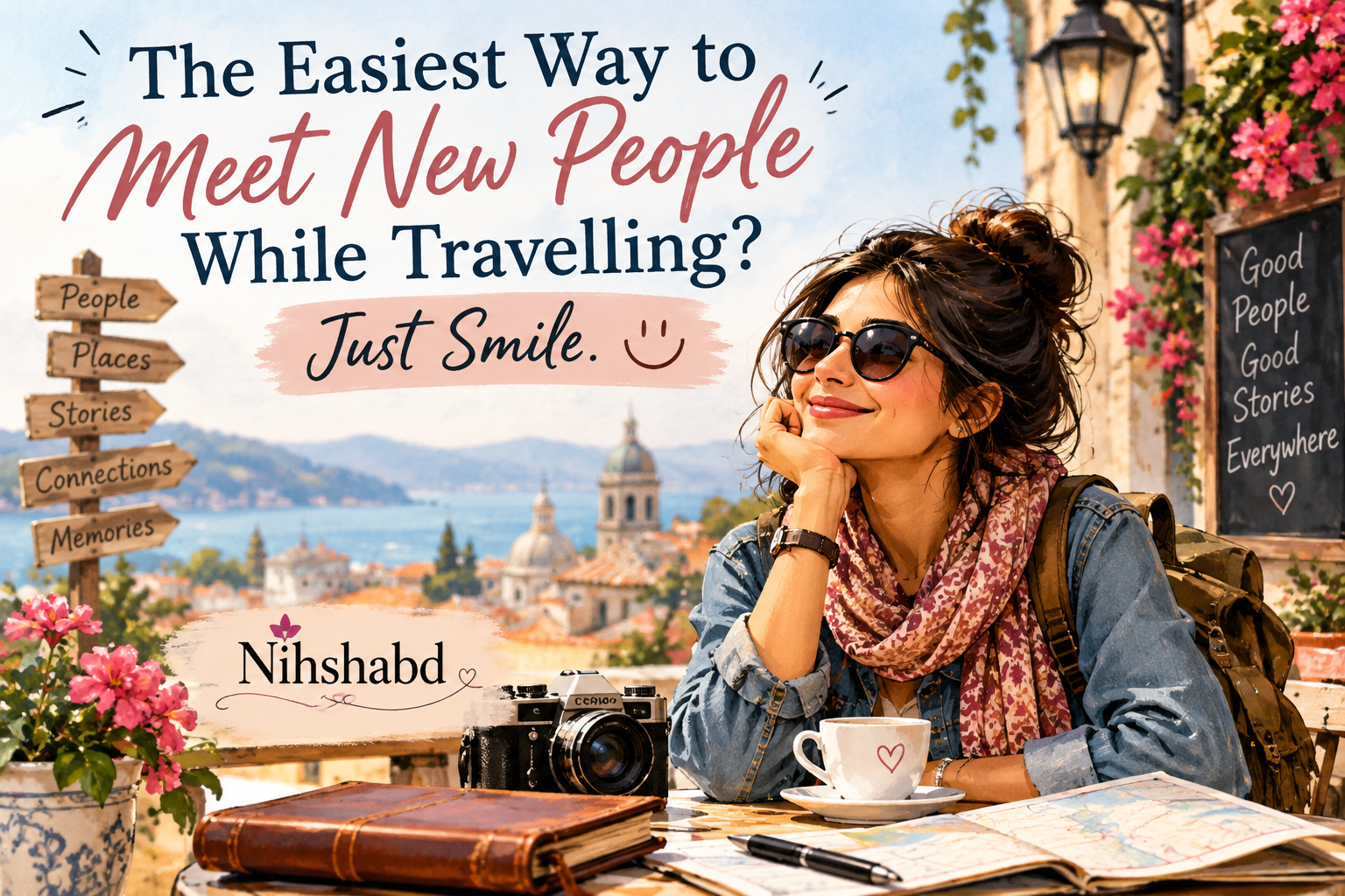 Woman smiling while travelling and meeting new people