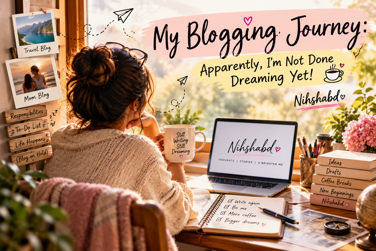 A woman returning to her blogging journey with a cup of coffee and a notebook.