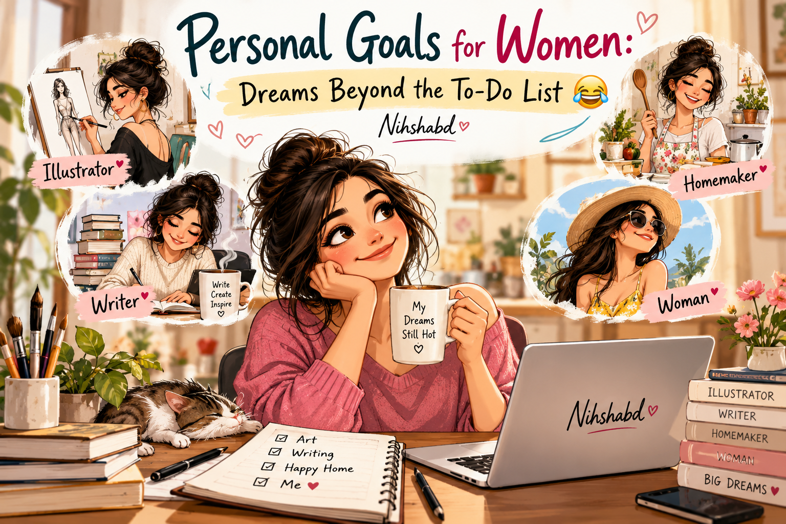 Illustrated woman representing personal goals for women as an artist, writer, homemaker and individual, for Nihshabd.