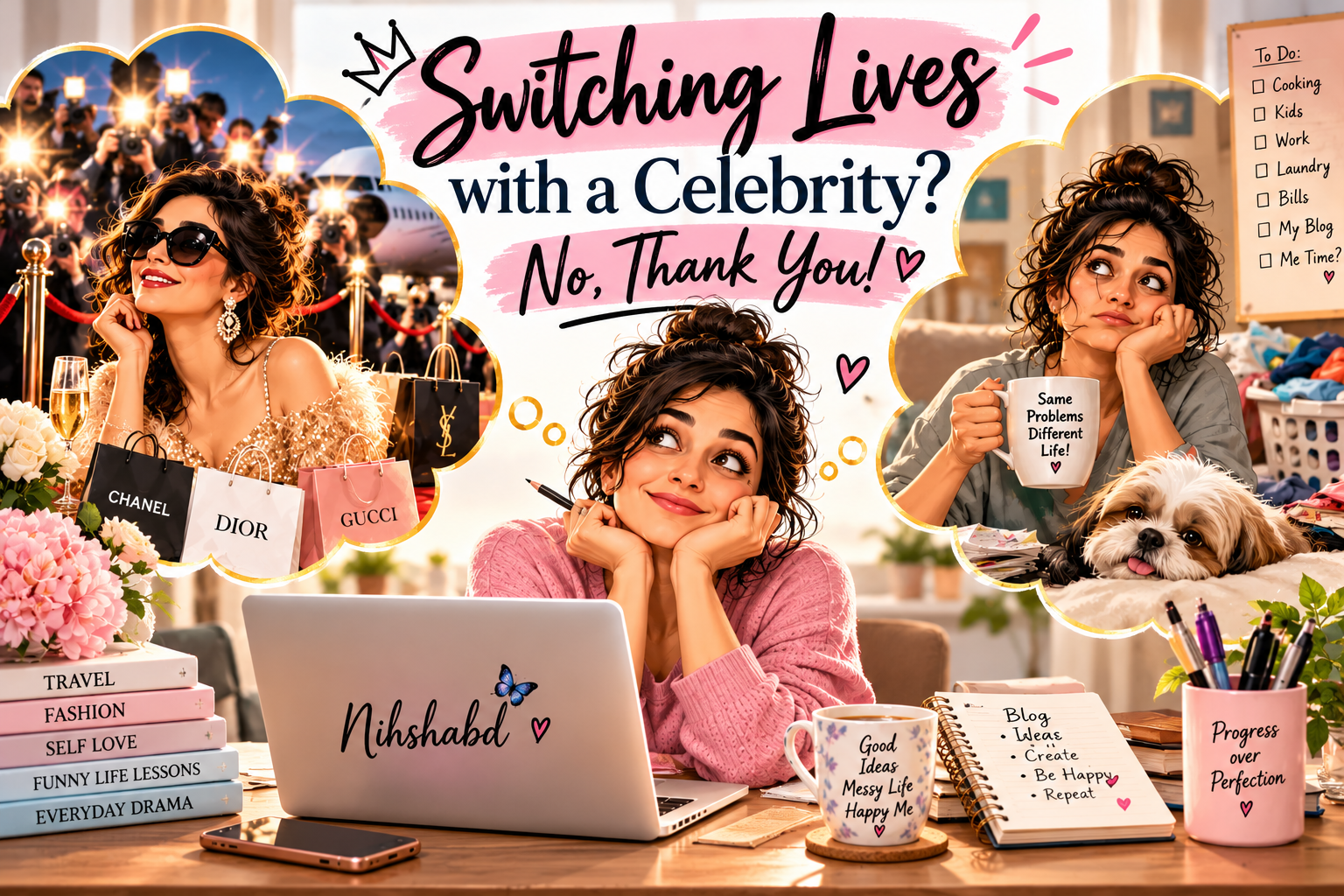 Switching lives with a celebrity, a humorous illustration of a woman choosing her everyday life over celebrity glamour.
